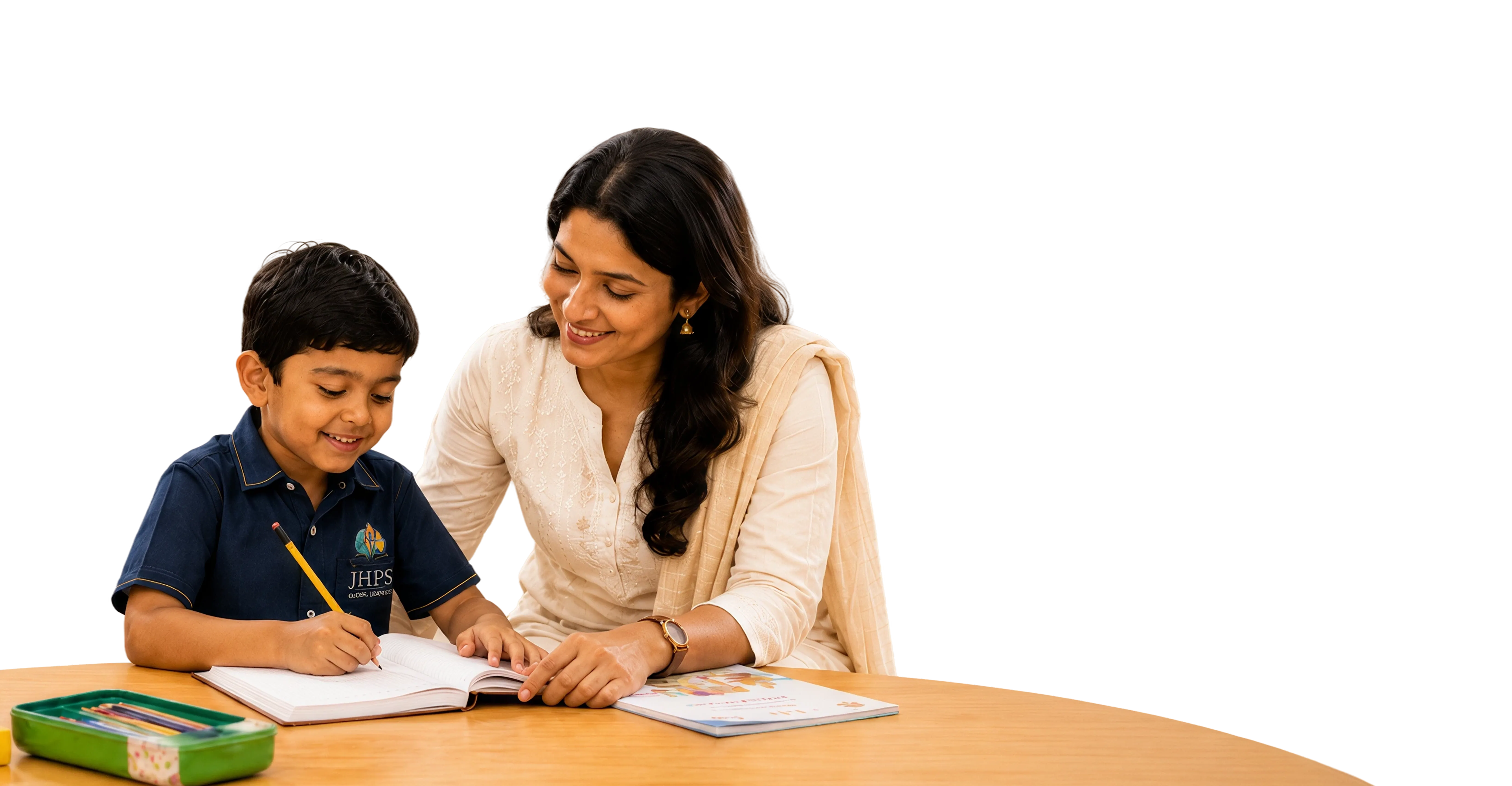 Mother helping her son with homework at JHPS