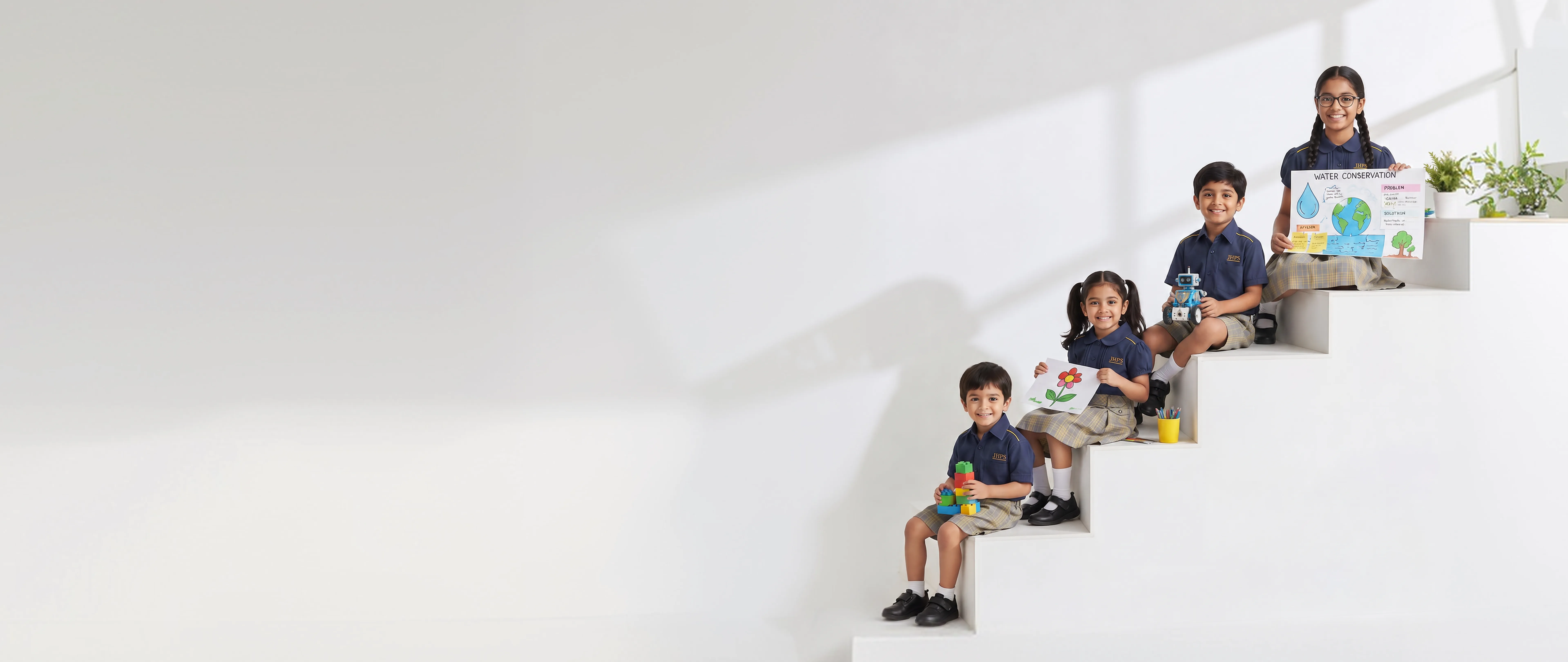 JHPS students sitting on stairs with their school projects